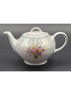 VTG Z.S&.C Bavaria Lusterware Floral Basket Porcelain Teapot With Lid 1920s